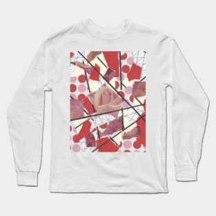 Polka Dots and Roses - Pink, Red, White, Black - Abstract Mixed Torn Paper Collage Long Sleeve T-Shirt